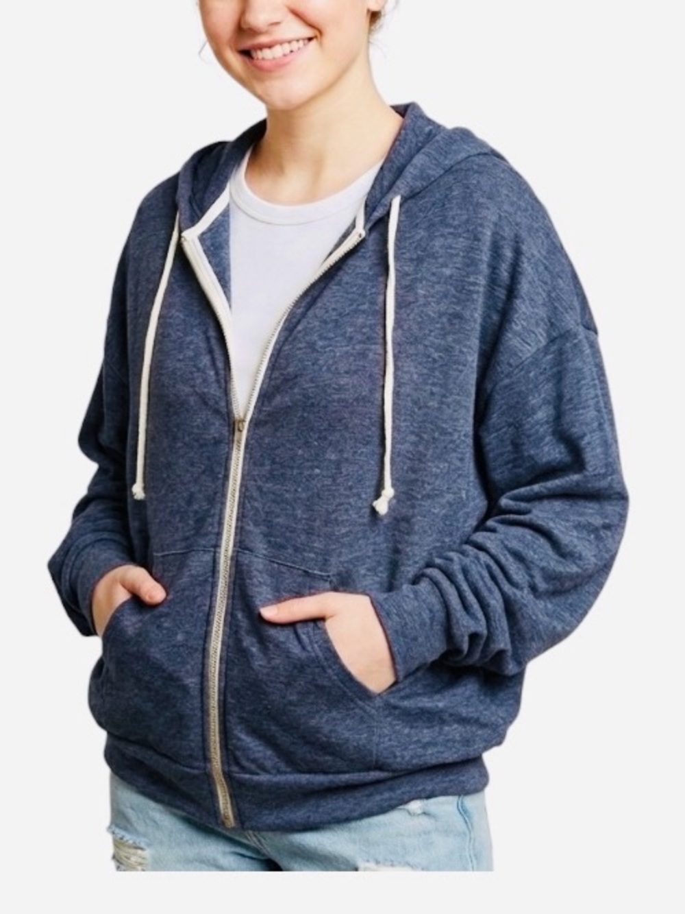 Brandy Melville Blue Zip Up Lightweight Plain Hoodie Sweatshirt S M L Oversized